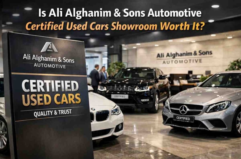 Ali Alghanim & Sons Automotive Certified Used Cars Showroom The buyer is inspecting a vehicle with a dealership representative holding a clipboard and showing the VIN on a tablet. Include a close-up of the VIN number being checked. Background should show a modern Kuwaiti cityscape with bright sunlight and heat haze to emphasize extreme heat conditions. Include subtle visual cues for GCC-spec vehicles: a sticker or badge that says “GCC Spec / 50°C Rated” and a clean, premium dealership environment. Style: premium automotive photography, high detail, natural lighting, editorial magazine quality, realistic people, no cartoon. Add overlay text (clean, bold font): “Certified Used Cars Kuwait 2026” Aspect ratio: 16:9 Quality tags: 8K, ultra-realistic, high-end commercial.